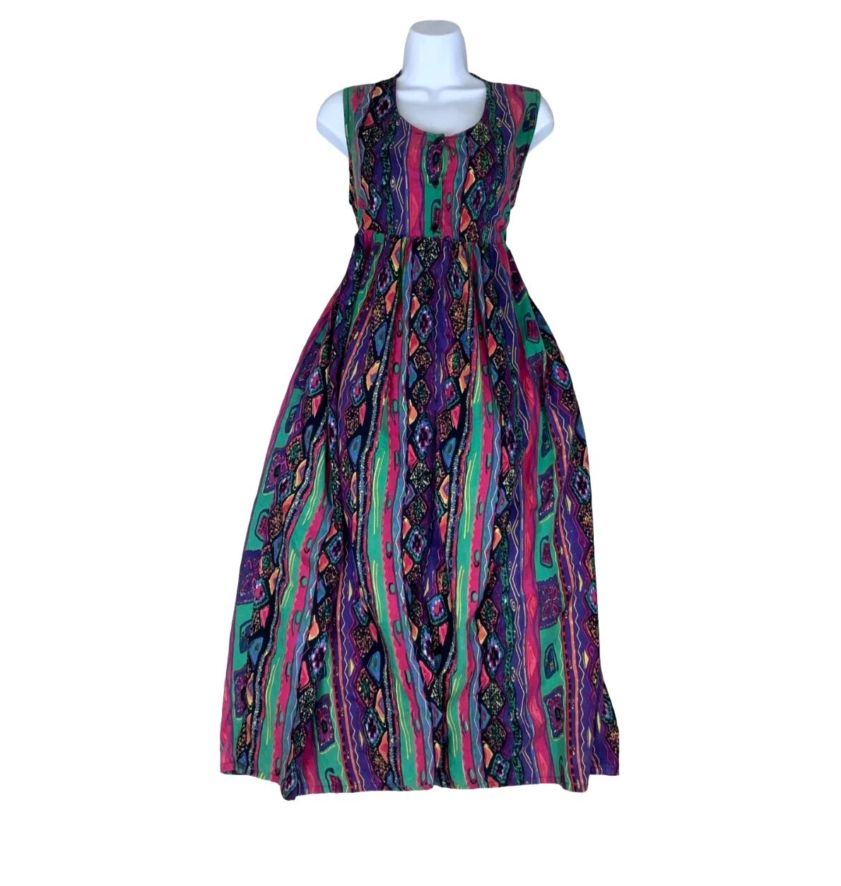 90S SITA MULTI COLOUR GEOMETRIC PATTERN SLEEVELESS EMPIRE SUMMER MAXI DRESS S 10