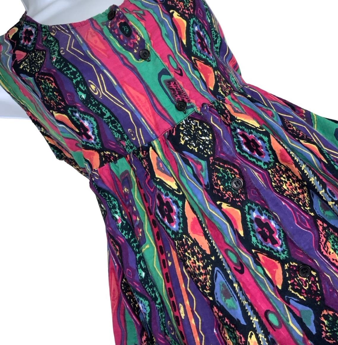90S SITA MULTI COLOUR GEOMETRIC PATTERN SLEEVELESS EMPIRE SUMMER MAXI DRESS S 10