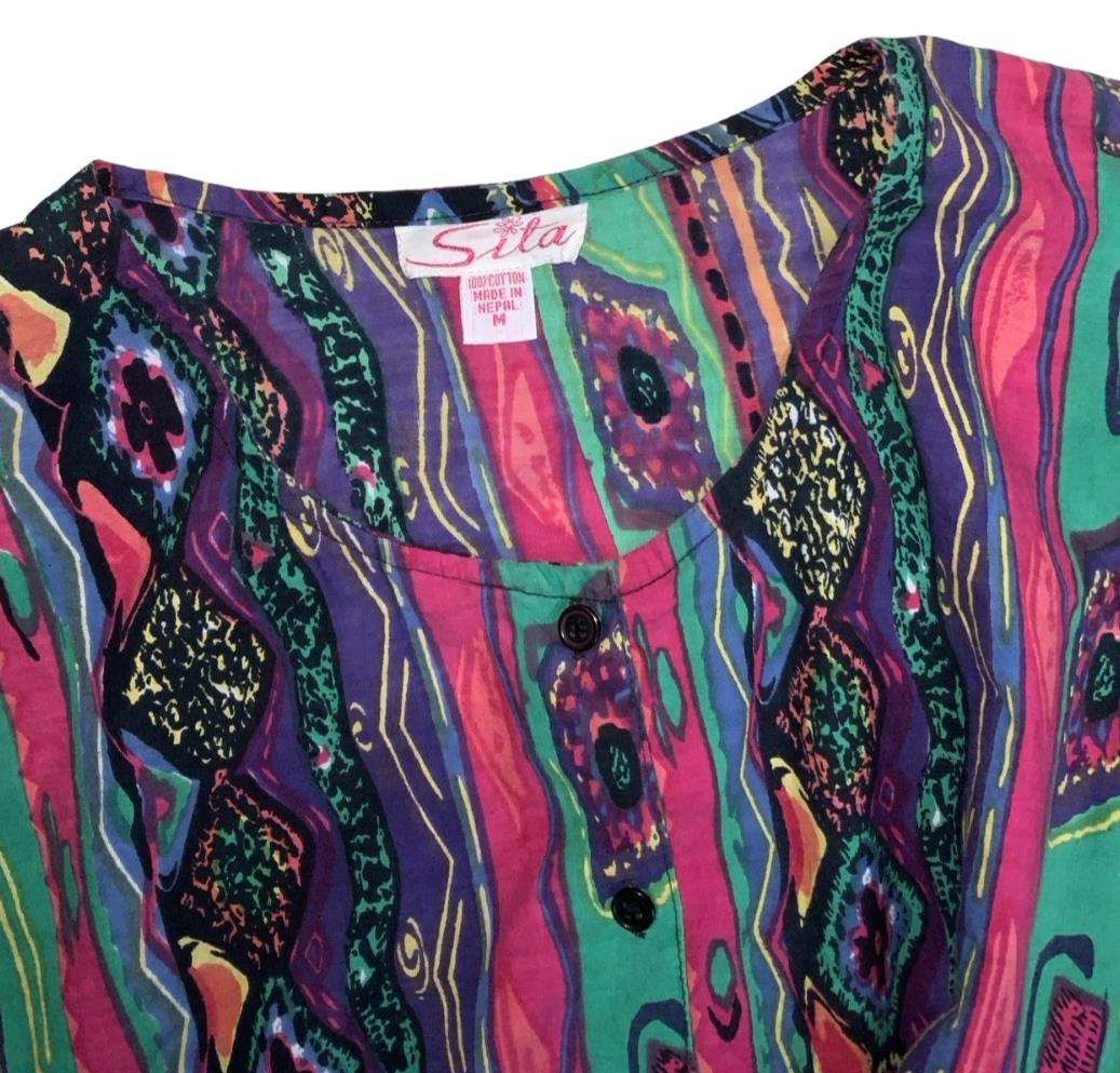 90S SITA MULTI COLOUR GEOMETRIC PATTERN SLEEVELESS EMPIRE SUMMER MAXI DRESS S 10