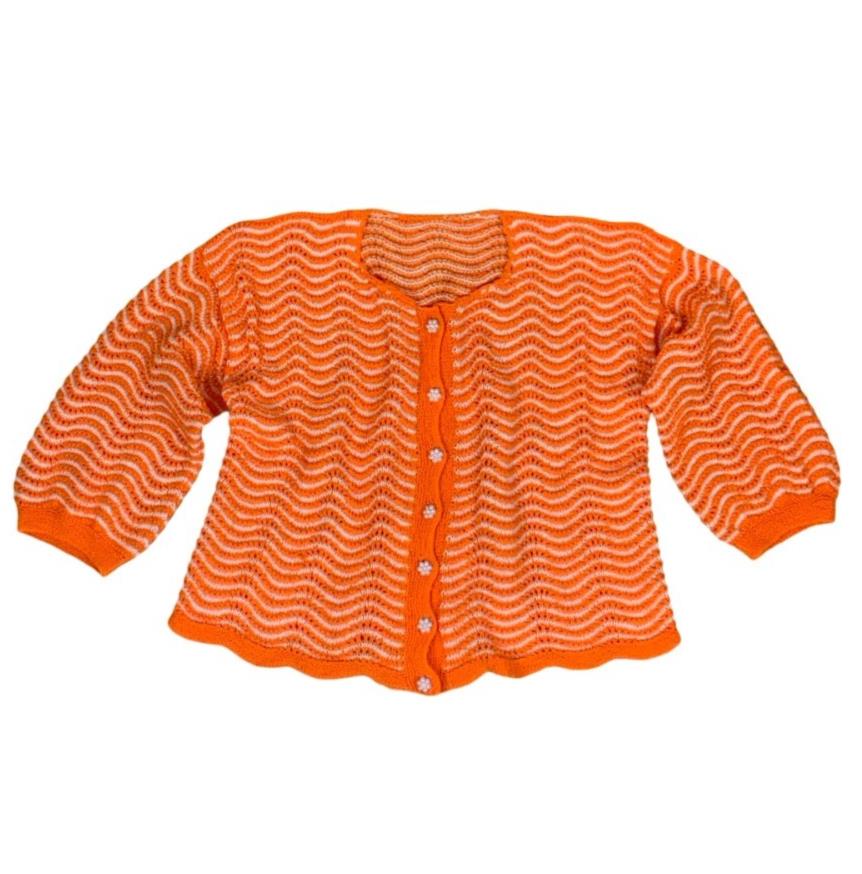 VTG 80S 90S HANDMADE HAND KNIT ORANGE CHEVRON CROPPED CARDIGAN UK 14 16