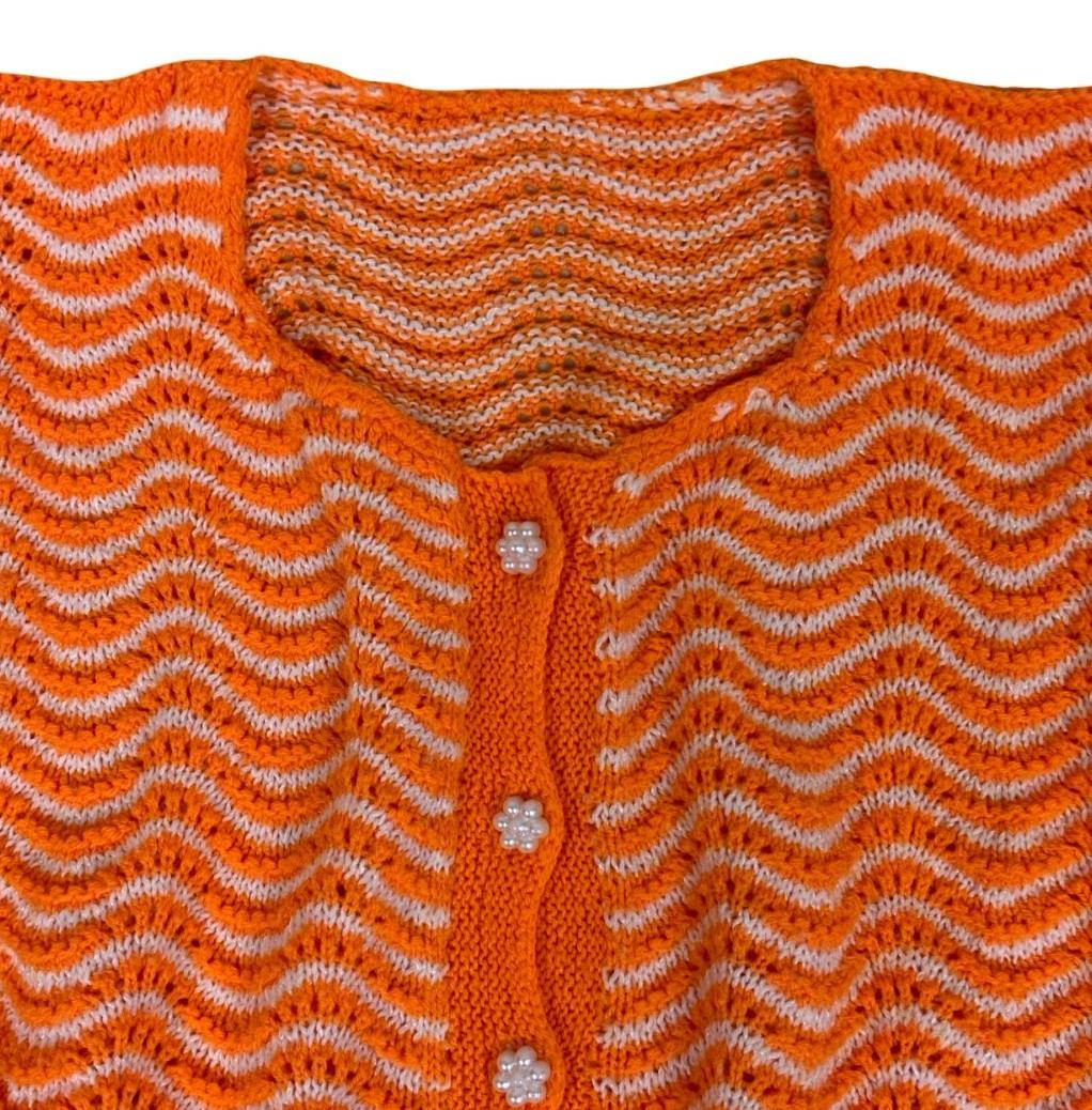 VTG 80S 90S HANDMADE HAND KNIT ORANGE CHEVRON CROPPED CARDIGAN UK 14 16