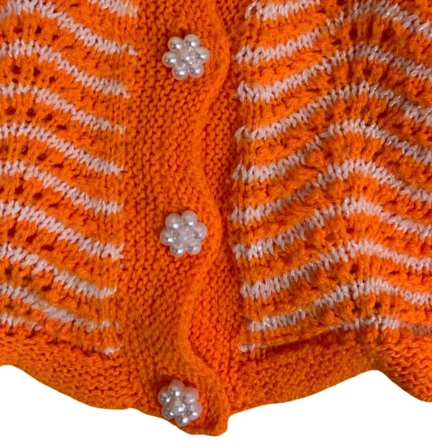 VTG 80S 90S HANDMADE HAND KNIT ORANGE CHEVRON CROPPED CARDIGAN UK 14 16