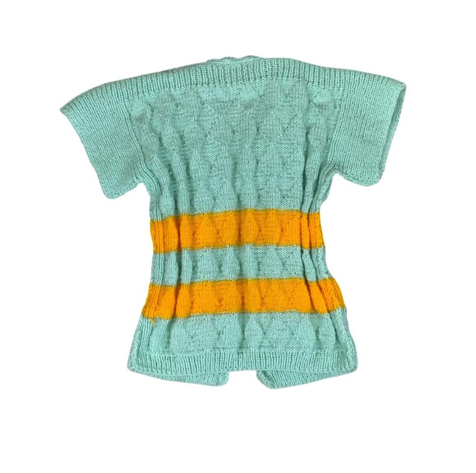VTG 70S 80S GREEN YELLOW STRIPE SHORT SLEEVE TIE-UP THICK KNIT CARDIGAN TOP M 12
