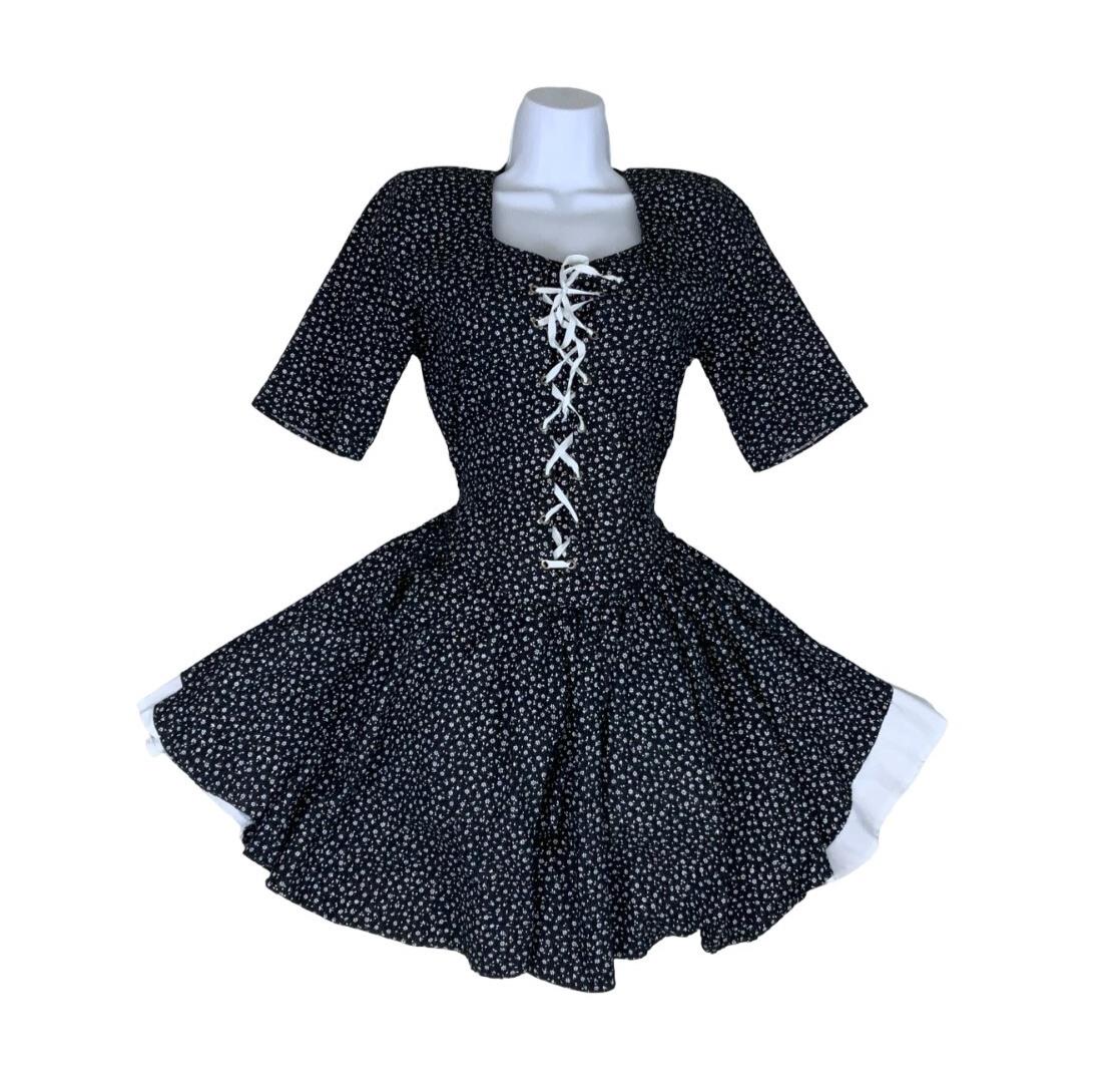 VTG 80S 90S MODA ITALIANA BLACK WHITE FLOWER MINI GRUNGE GOTHIC PIN-UP DRESS XS