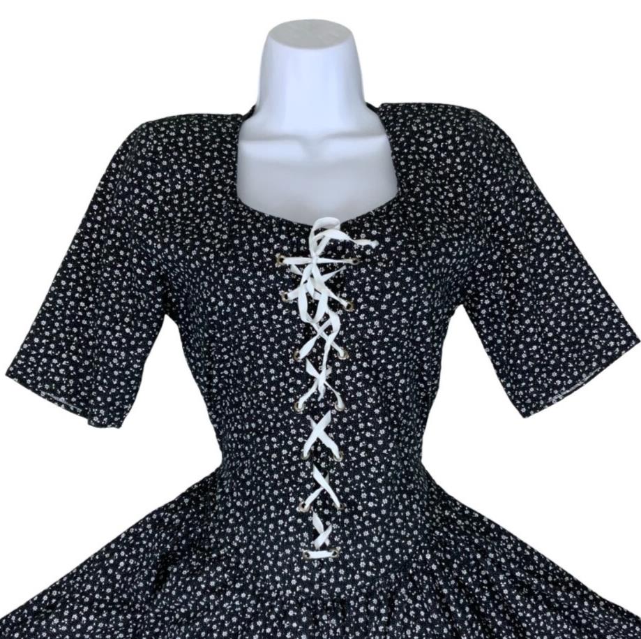 VTG 80S 90S MODA ITALIANA BLACK WHITE FLOWER MINI GRUNGE GOTHIC PIN-UP DRESS XS