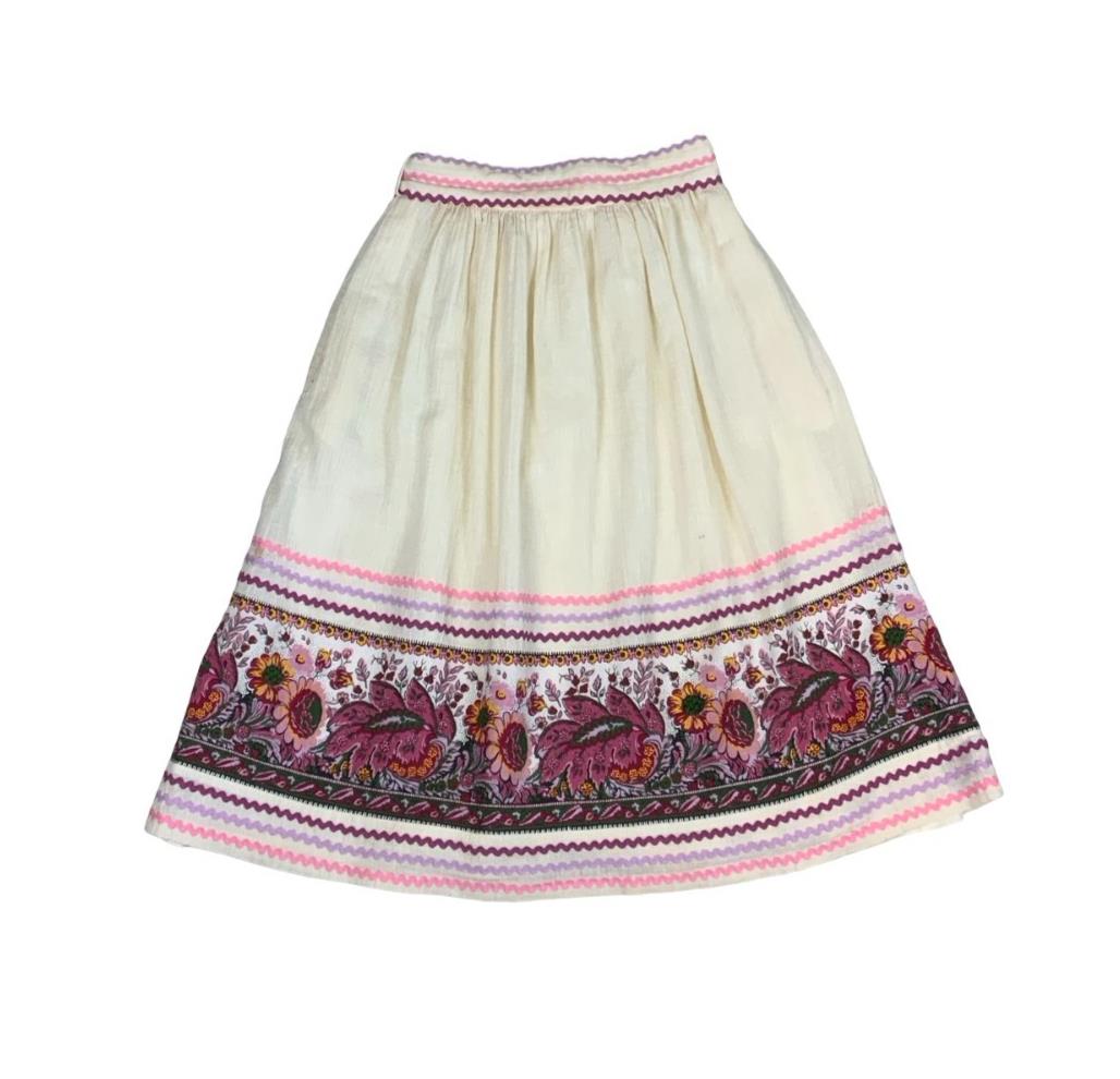 VTG 70S 80s LUCIE LINDEN CREAM PINK FLORAL FOLK MIDI SKIRT WITH BELT X-SMALL 4 6
