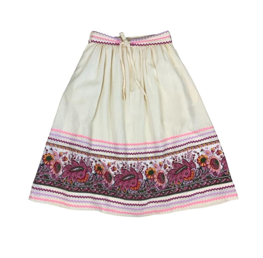VTG 70S 80s LUCIE LINDEN CREAM PINK FLORAL FOLK MIDI SKIRT WITH BELT X-SMALL 4 6