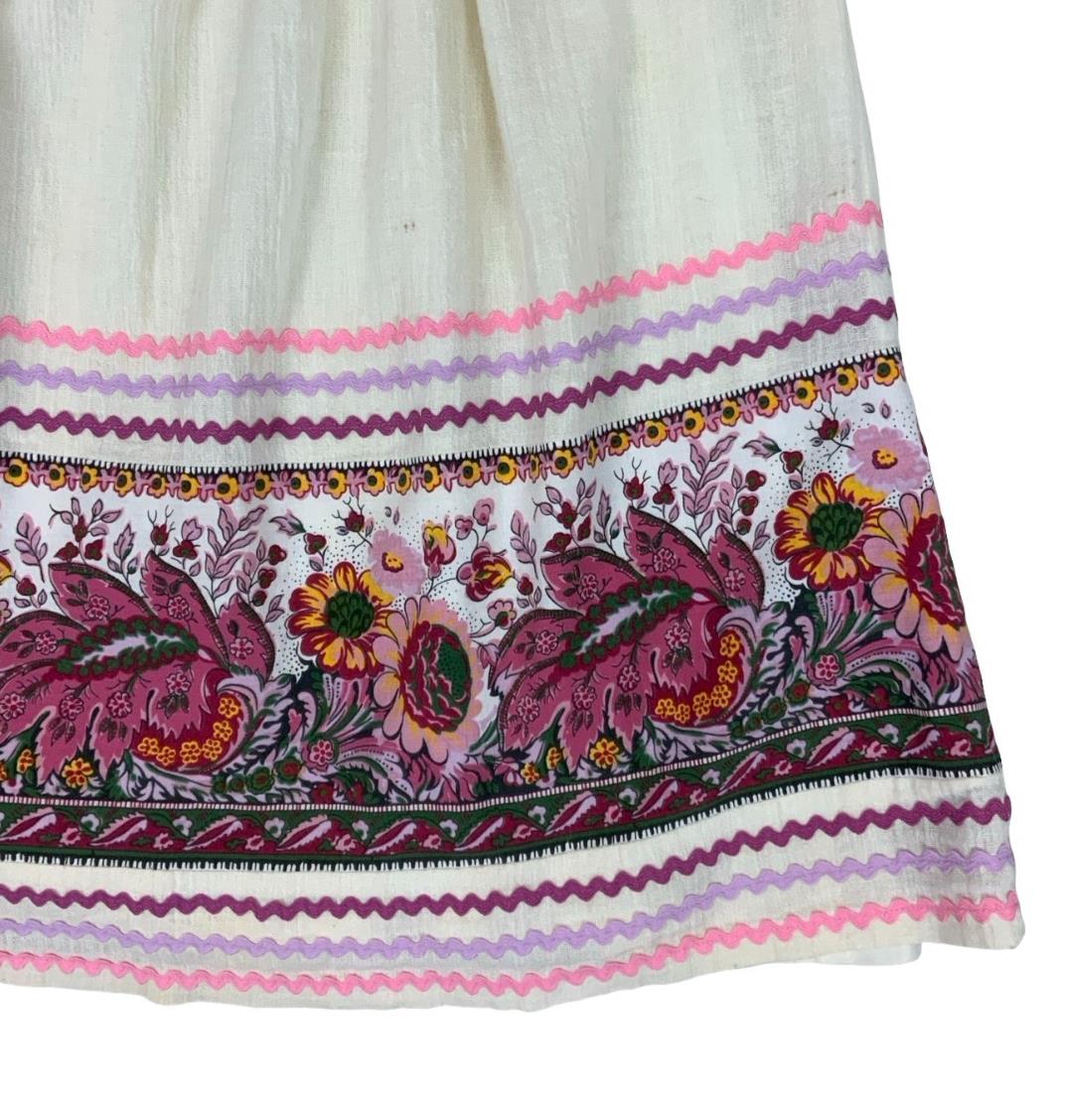 VTG 70S 80s LUCIE LINDEN CREAM PINK FLORAL FOLK MIDI SKIRT WITH BELT X-SMALL 4 6