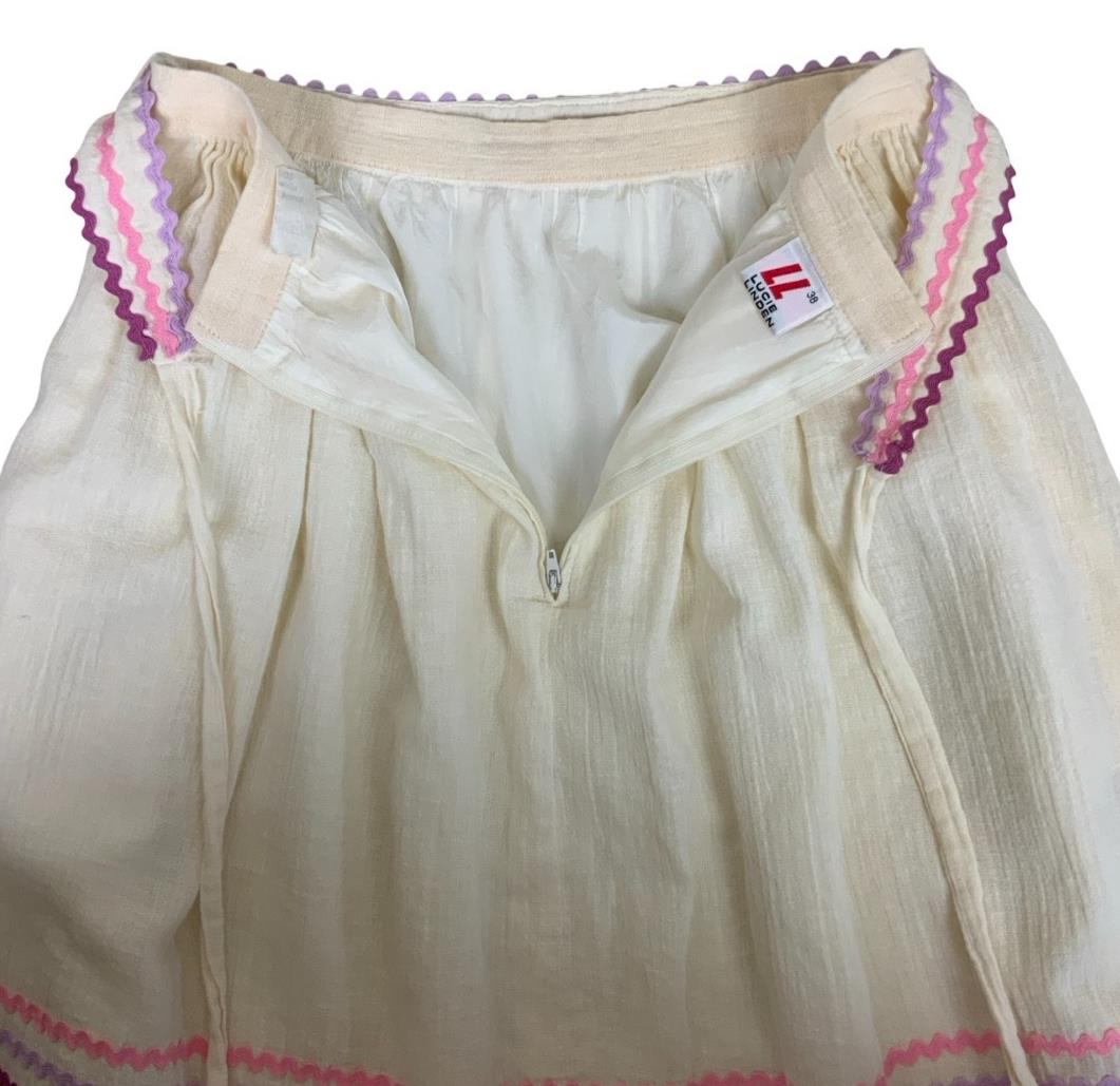 VTG 70S 80s LUCIE LINDEN CREAM PINK FLORAL FOLK MIDI SKIRT WITH BELT X-SMALL 4 6