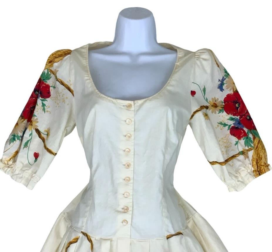 CREAM NOVELTY PRINT BASKET HARVEST FLORAL COUNTRY MIDI SUMMER DRESS UK 6 8