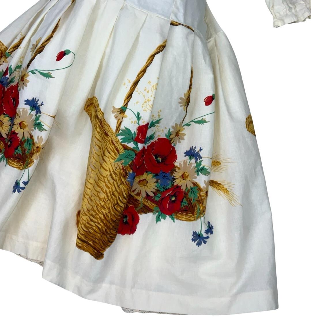 CREAM NOVELTY PRINT BASKET HARVEST FLORAL COUNTRY MIDI SUMMER DRESS UK 6 8