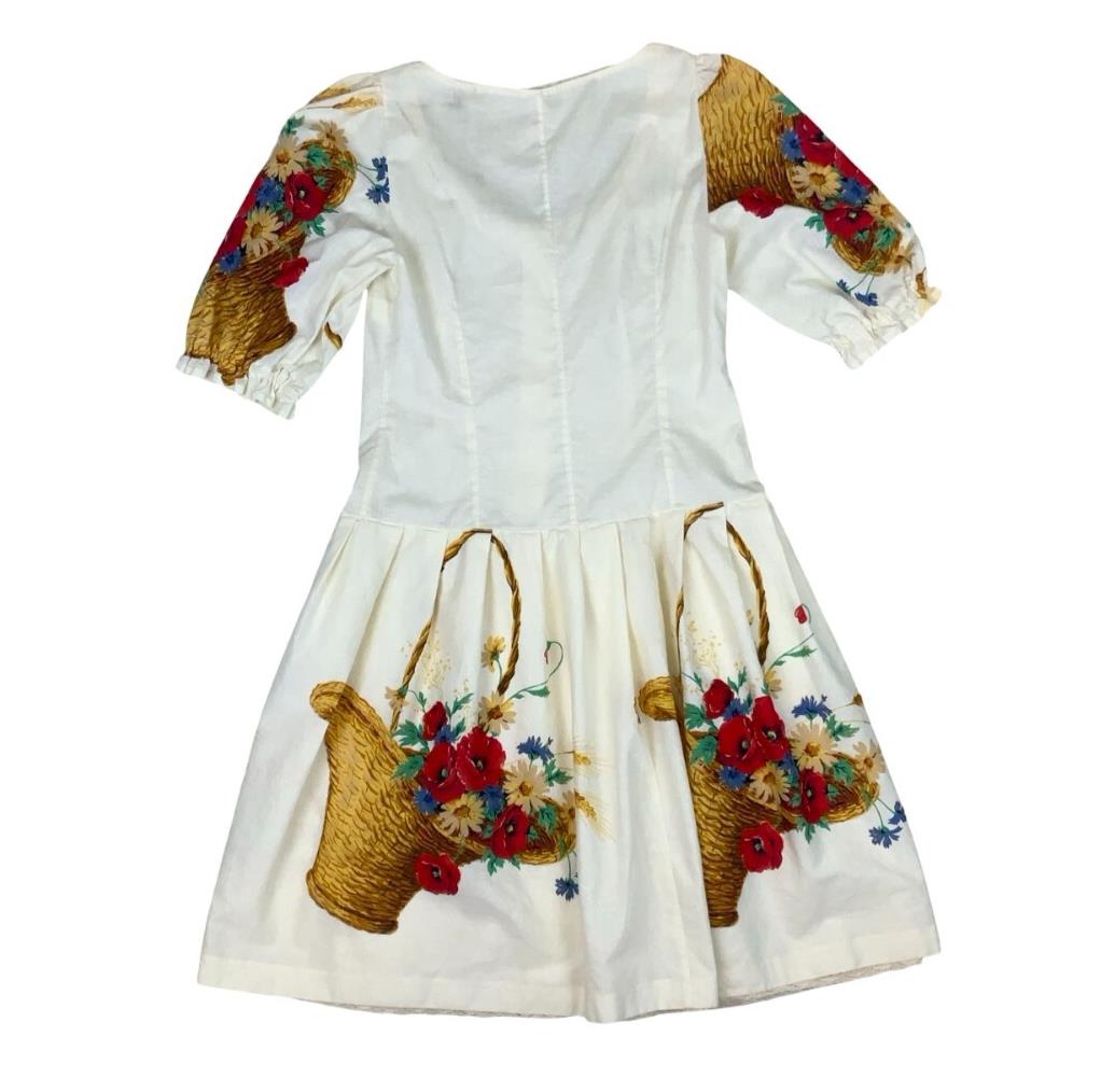 CREAM NOVELTY PRINT BASKET HARVEST FLORAL COUNTRY MIDI SUMMER DRESS UK 6 8