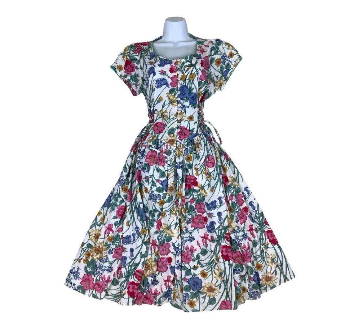 70S 80S ST MICHAEL FLORAL WHITE PINK BLUE MIDI A-LINE SUMMER TEA DRESS UK 10 12