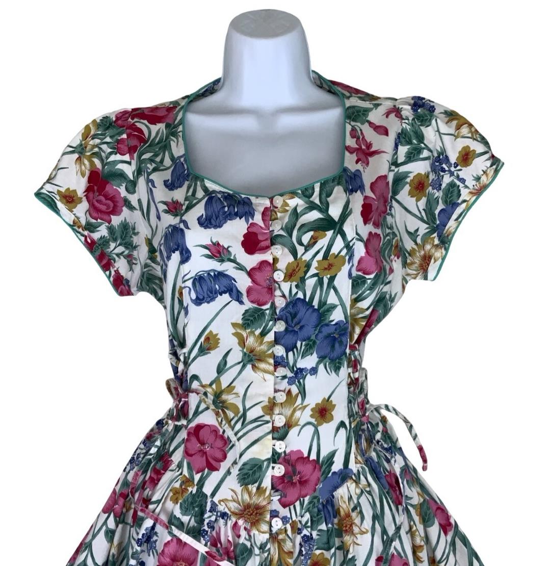 70S 80S ST MICHAEL FLORAL WHITE PINK BLUE MIDI A-LINE SUMMER TEA DRESS UK 10 12