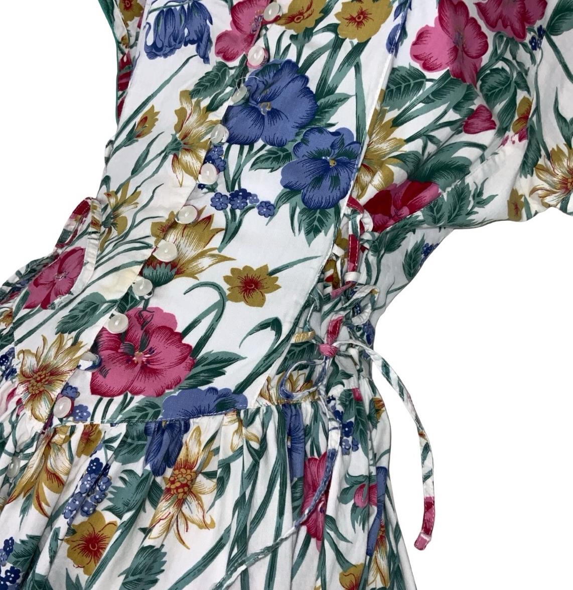 70S 80S ST MICHAEL FLORAL WHITE PINK BLUE MIDI A-LINE SUMMER TEA DRESS UK 10 12