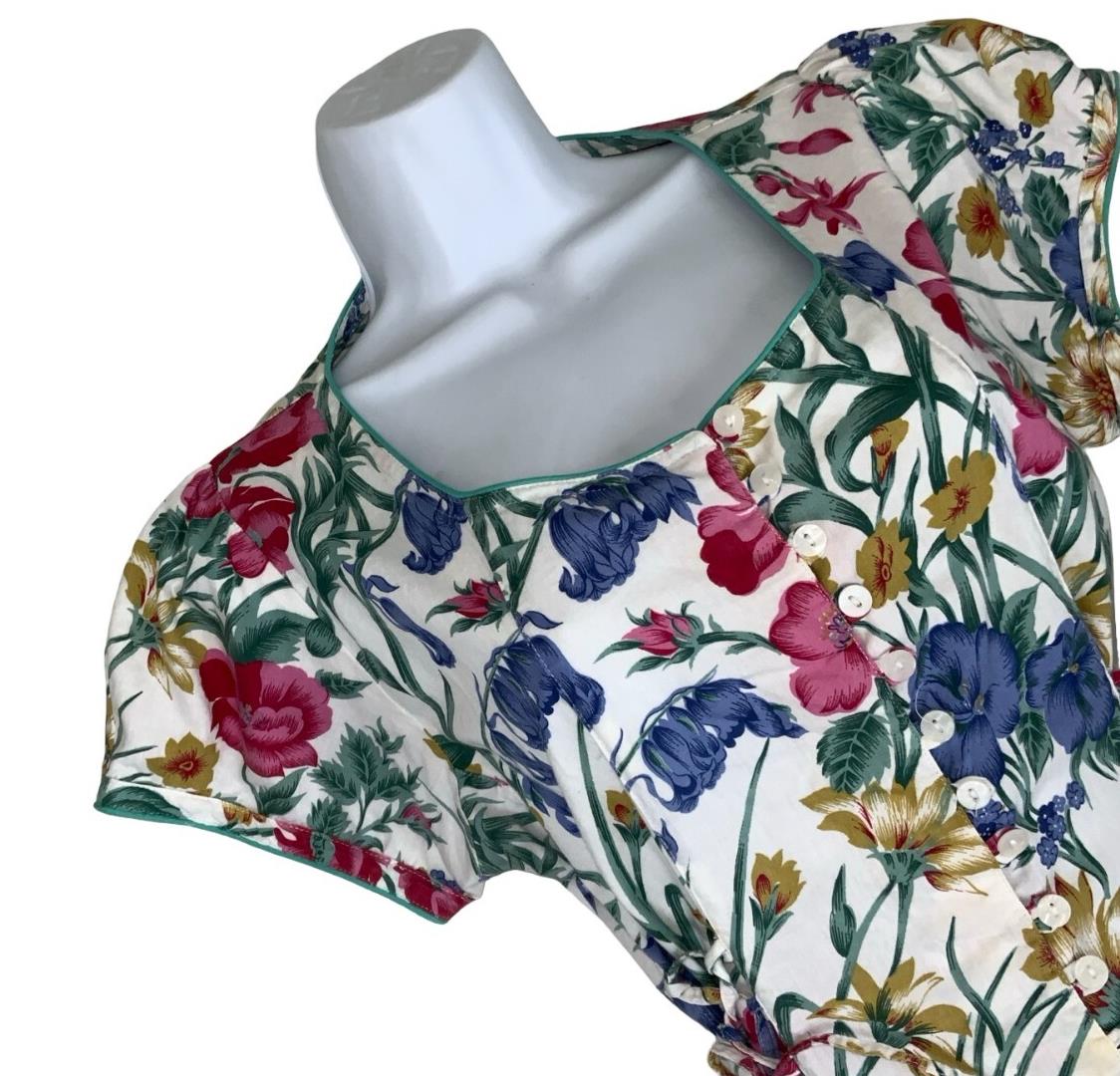 70S 80S ST MICHAEL FLORAL WHITE PINK BLUE MIDI A-LINE SUMMER TEA DRESS UK 10 12