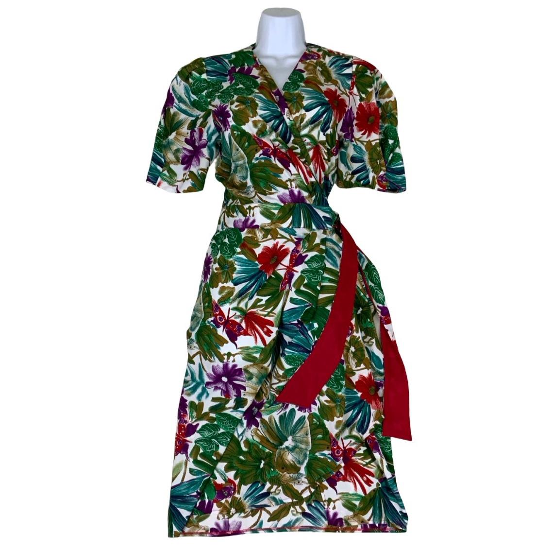 VTG 80s 'STITCHES PLUS' FLORAL GREEN BLUE RED PURPLE WRAP MIDI DRESS SMALL 8 10