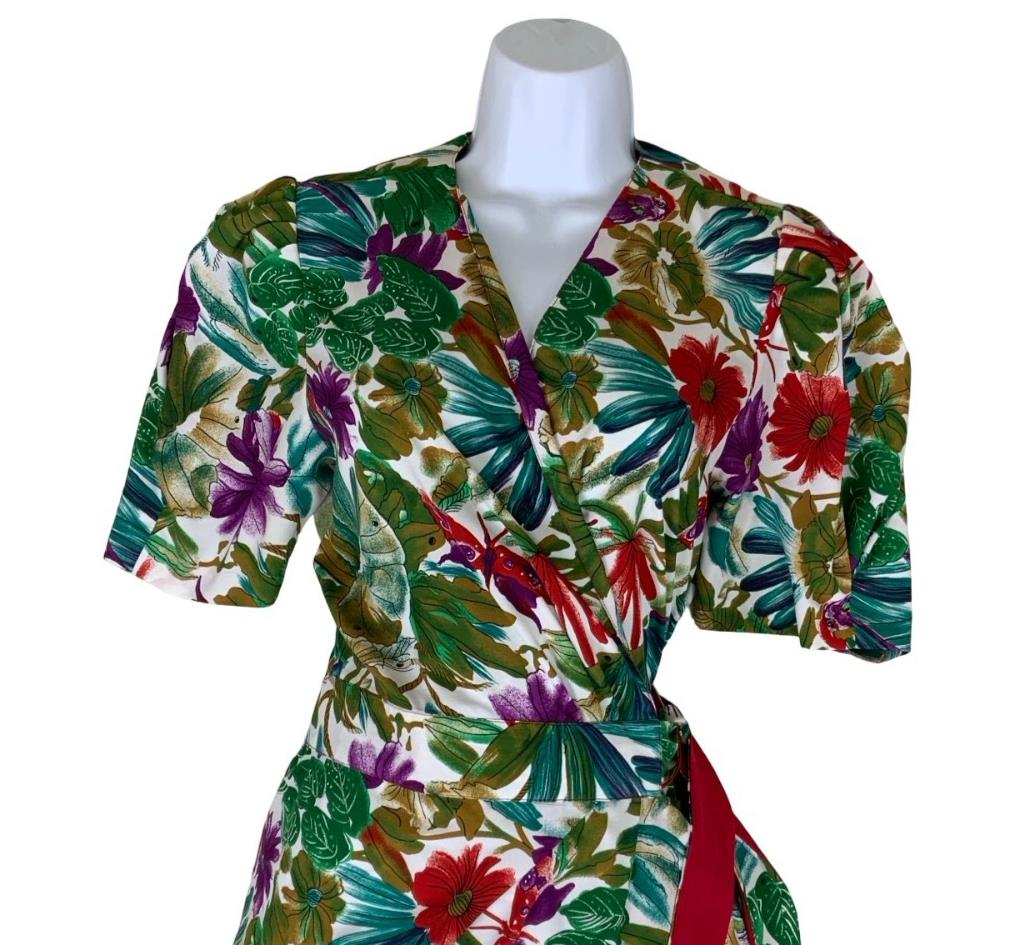 VTG 80s 'STITCHES PLUS' FLORAL GREEN BLUE RED PURPLE WRAP MIDI DRESS SMALL 8 10
