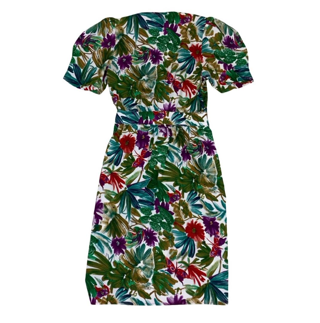 VTG 80s 'STITCHES PLUS' FLORAL GREEN BLUE RED PURPLE WRAP MIDI DRESS SMALL 8 10