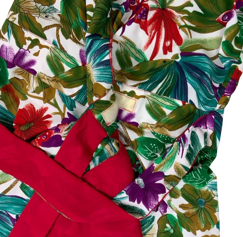 VTG 80s 'STITCHES PLUS' FLORAL GREEN BLUE RED PURPLE WRAP MIDI DRESS SMALL 8 10