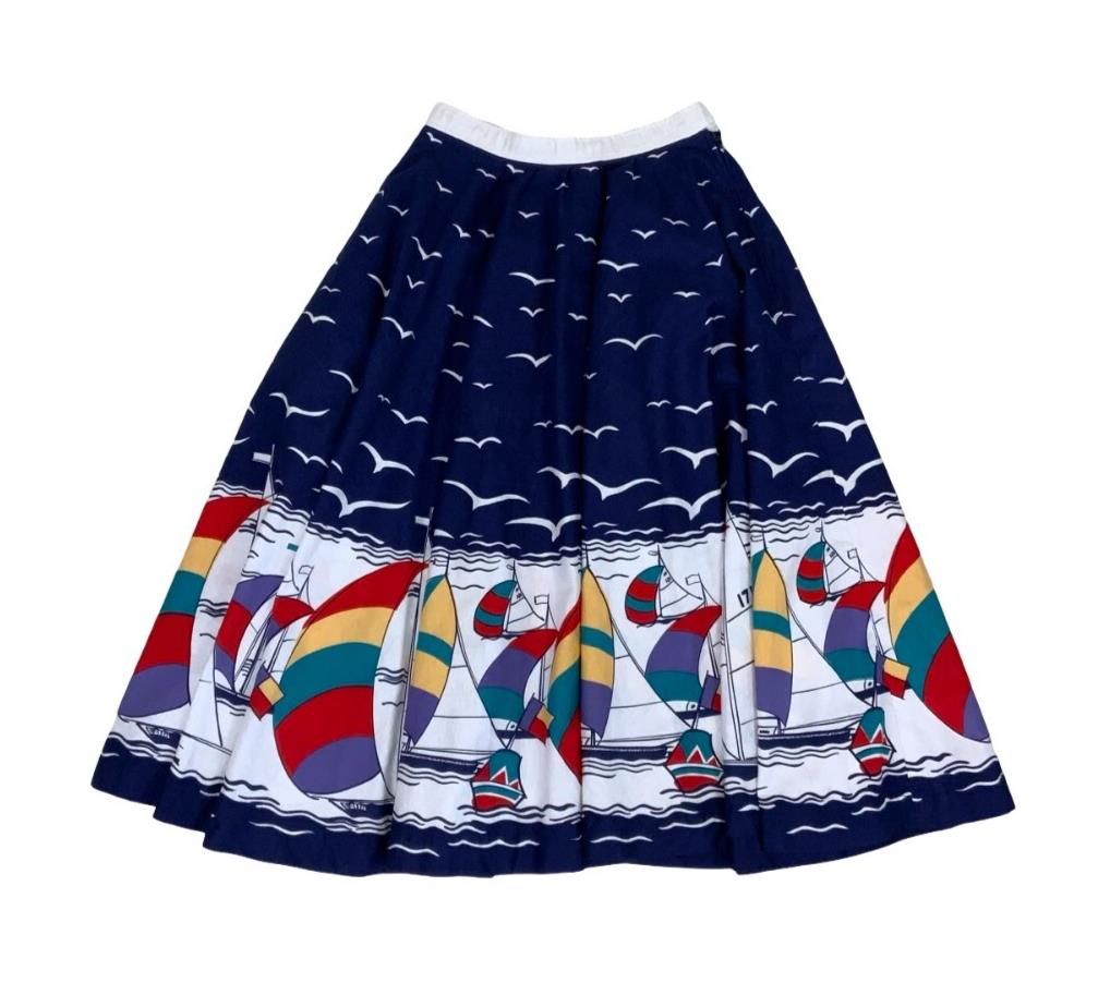 VTG 1980s DOES 1950s BLUE SAILBOAT NOVELTY PATTERN CIRCLE SWING MIDI SKIRT XS 4