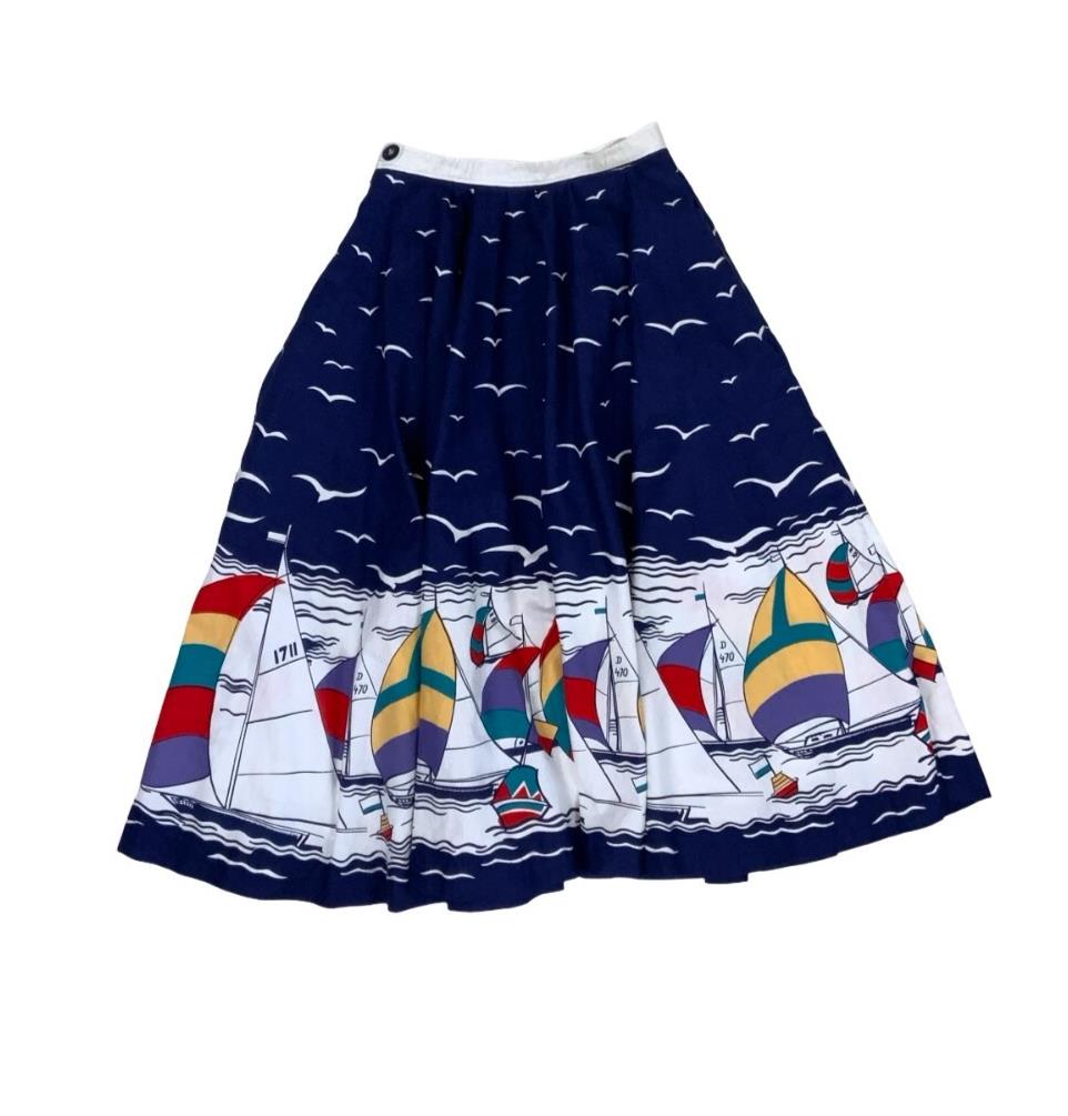 VTG 1980s DOES 1950s BLUE SAILBOAT NOVELTY PATTERN CIRCLE SWING MIDI SKIRT XS 4