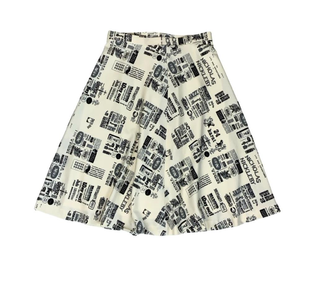VTG 70s BLACK WHITE NOVELTY NEWSPAPER GRAPHIC PRINT A-LINE SWING SKIRT XS 6