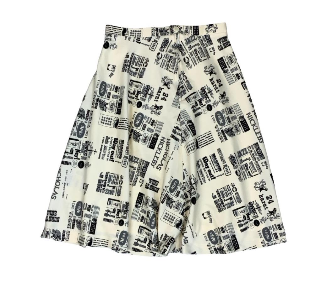 VTG 70s BLACK WHITE NOVELTY NEWSPAPER GRAPHIC PRINT A-LINE SWING SKIRT XS 6