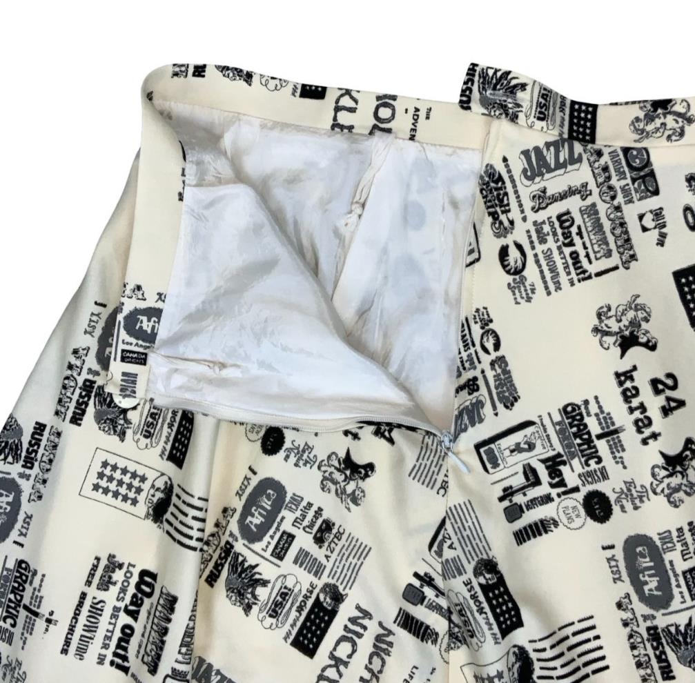 VTG 70s BLACK WHITE NOVELTY NEWSPAPER GRAPHIC PRINT A-LINE SWING SKIRT XS 6