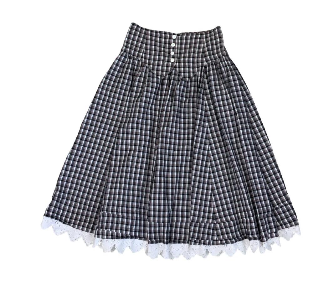 VTG 80s 'BETTY BARCLAY' BLACK WHITE GINGHAM CHECK HIGH-WAIST PRAIRIE SKIRT S 8