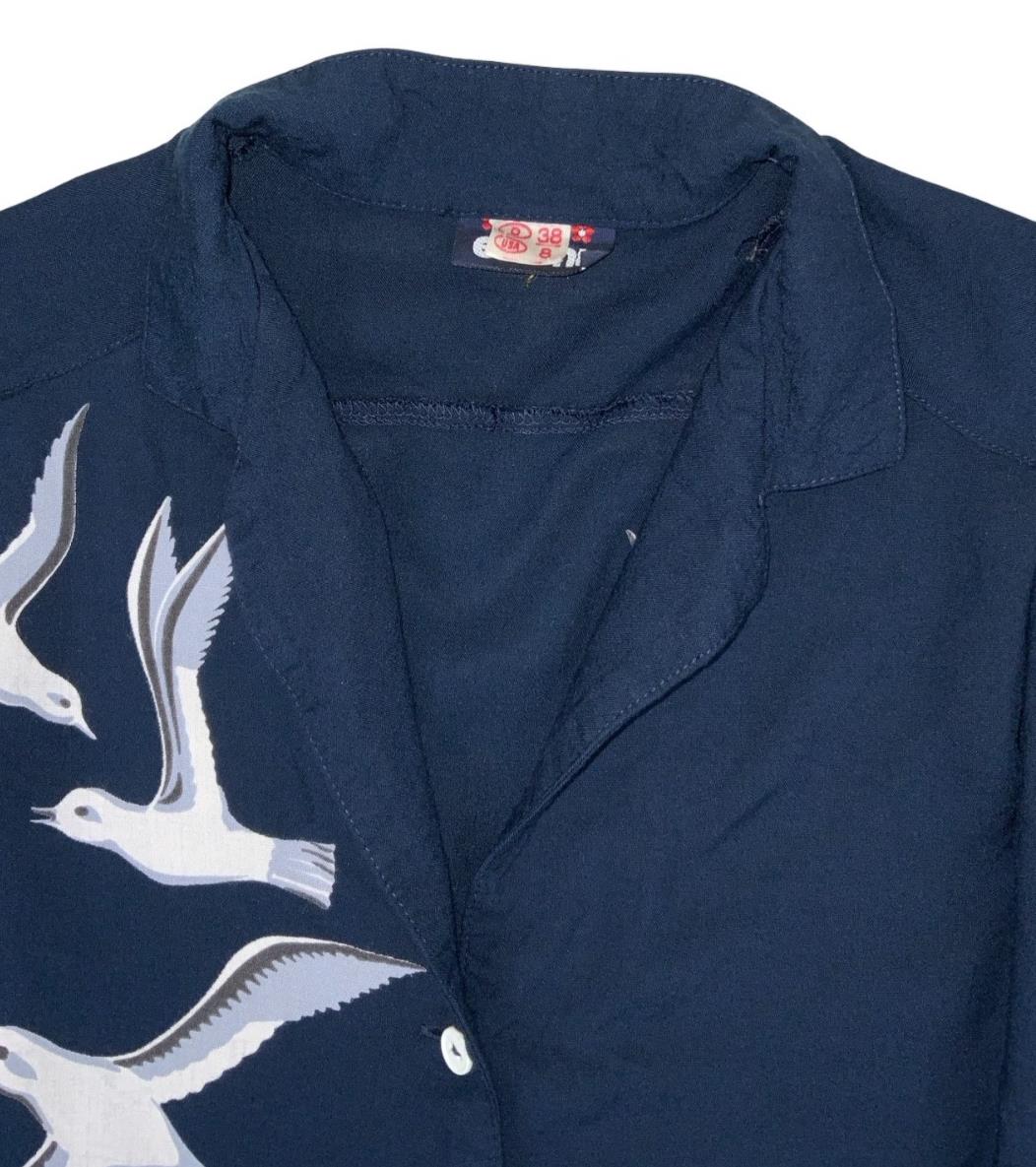 'EIKONT' NAVY BLUE SEAGULL BIRD GRAPHIC SHORT SLEEVED BUTTON-UP BLOUSE S 10