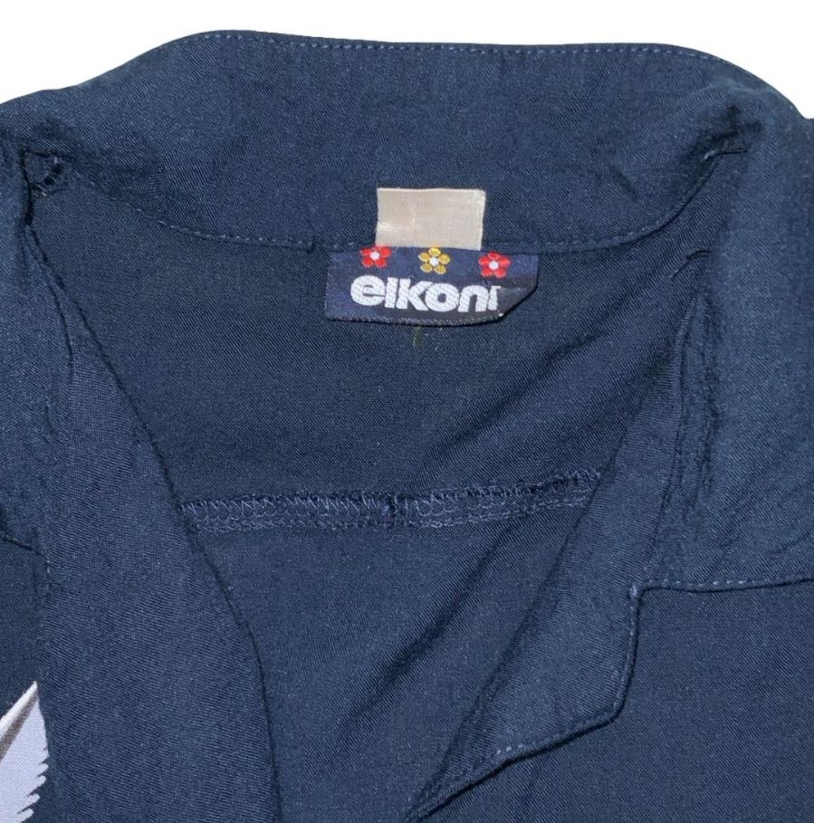 'EIKONT' NAVY BLUE SEAGULL BIRD GRAPHIC SHORT SLEEVED BUTTON-UP BLOUSE S 10