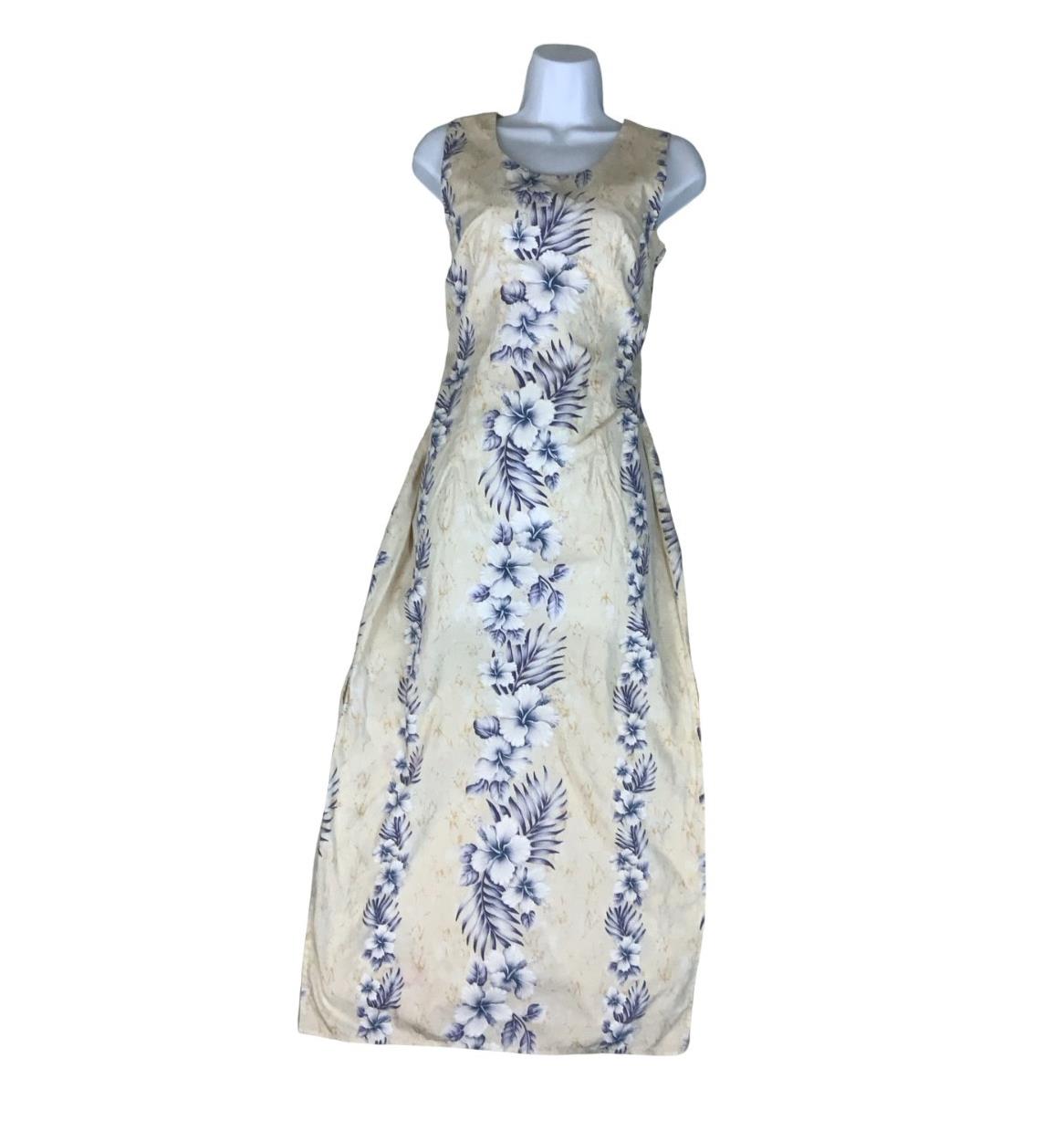 VTG 'HALEKULANI' HAWAIIAN WHITE BLUE FLORAL SLEEVELESS MAXI SUMMER DRESS S 8 10