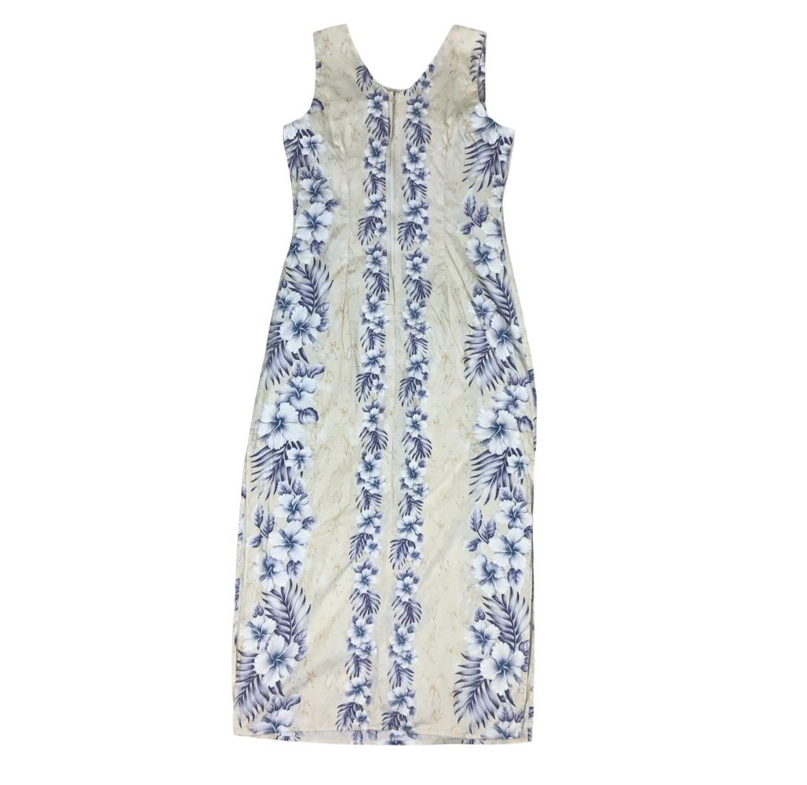 VTG 'HALEKULANI' HAWAIIAN WHITE BLUE FLORAL SLEEVELESS MAXI SUMMER DRESS S 8 10