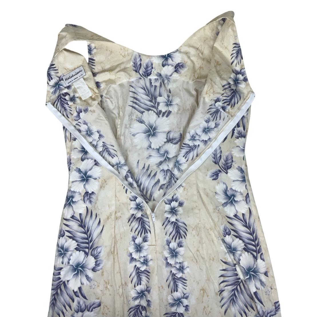 VTG 'HALEKULANI' HAWAIIAN WHITE BLUE FLORAL SLEEVELESS MAXI SUMMER DRESS S 8 10