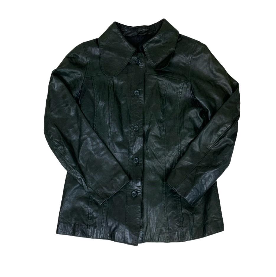 VTG 70s 'DESIGNED by M' DARK GREEN DOG EAR COLLAR LEATHER JACKET S 10