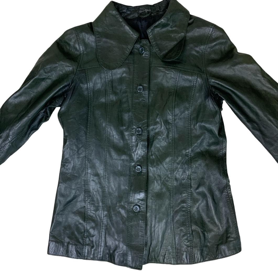 VTG 70s 'DESIGNED by M' DARK GREEN DOG EAR COLLAR LEATHER JACKET S 10