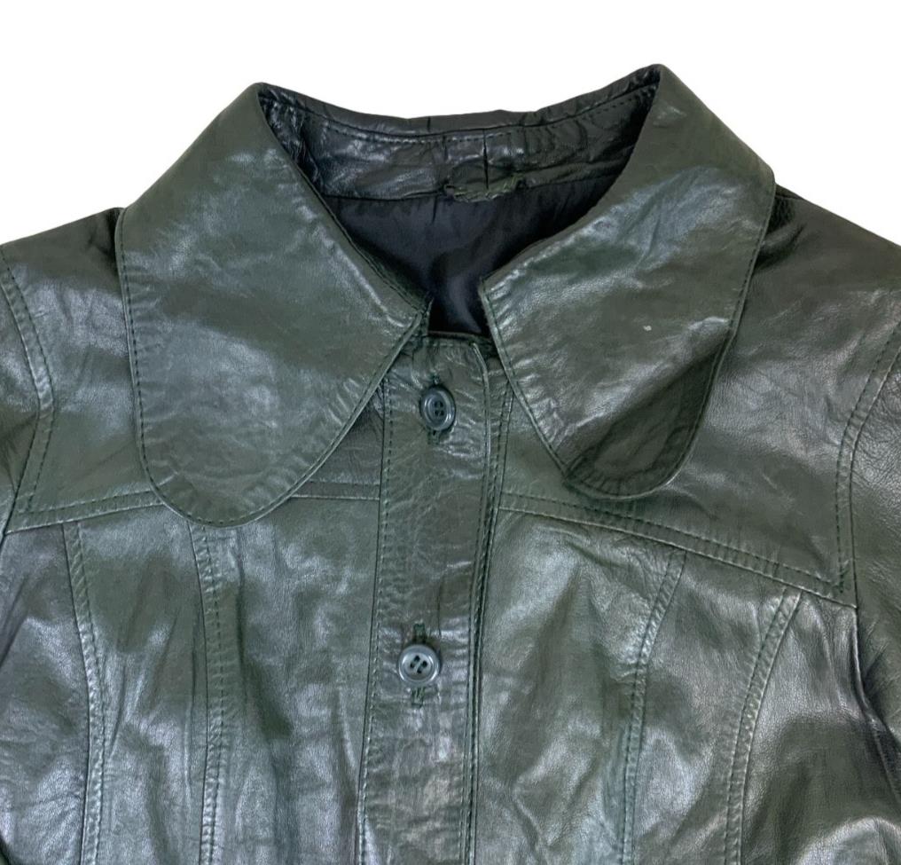VTG 70s 'DESIGNED by M' DARK GREEN DOG EAR COLLAR LEATHER JACKET S 10