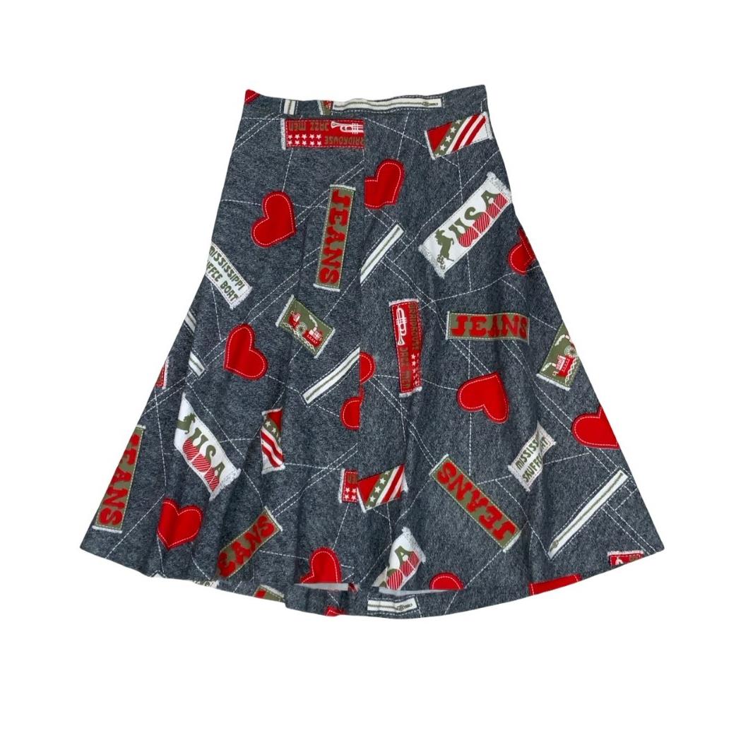 VTG 70s/ 80s HIGH WAIST GREY DENIM USA NOVELTY GRAPHIC A-LINE SKIRT SMALL 8