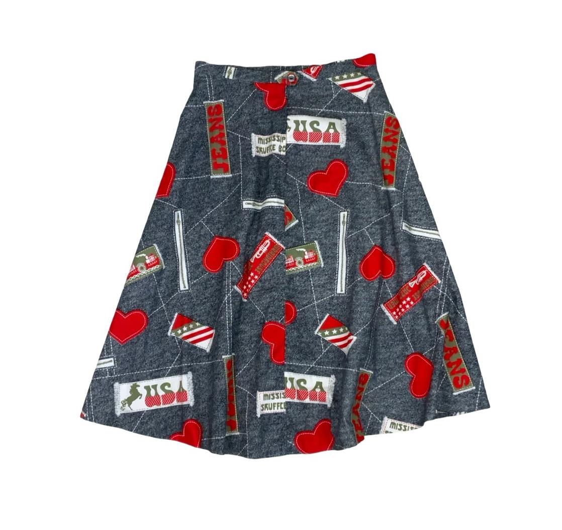VTG 70s/ 80s HIGH WAIST GREY DENIM USA NOVELTY GRAPHIC A-LINE SKIRT SMALL 8