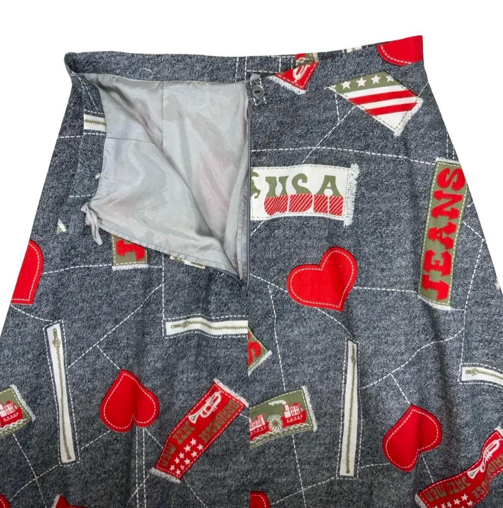 VTG 70s/ 80s HIGH WAIST GREY DENIM USA NOVELTY GRAPHIC A-LINE SKIRT SMALL 8