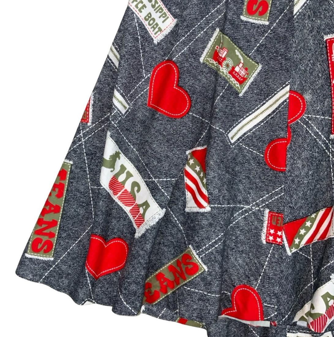 VTG 70s/ 80s HIGH WAIST GREY DENIM USA NOVELTY GRAPHIC A-LINE SKIRT SMALL 8
