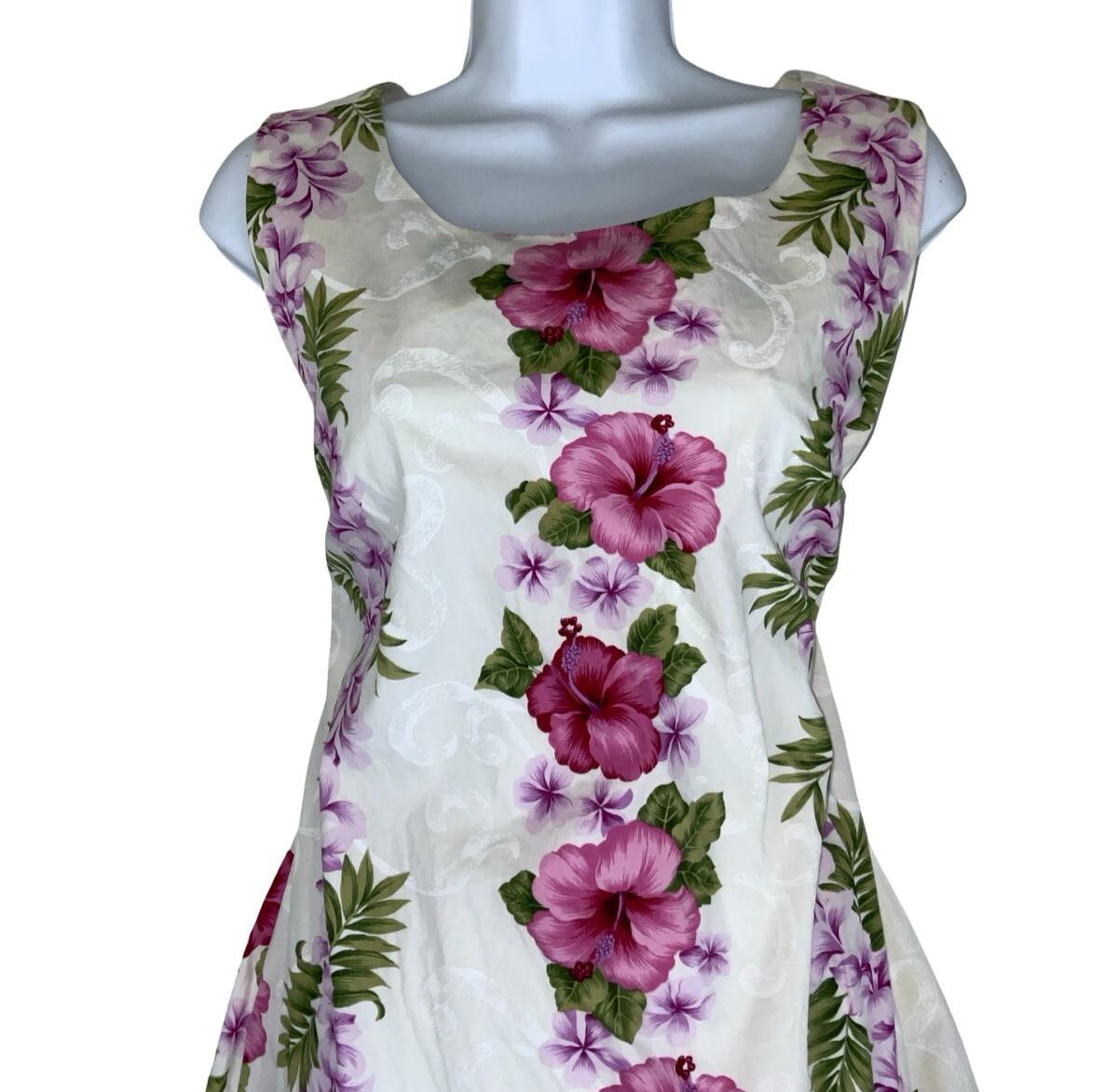 VTG 'HO ALOHA' HAWAIIAN WHITE PINK FLORAL FRILL BOW SLEEVELESS SUMMER DRESS M 12