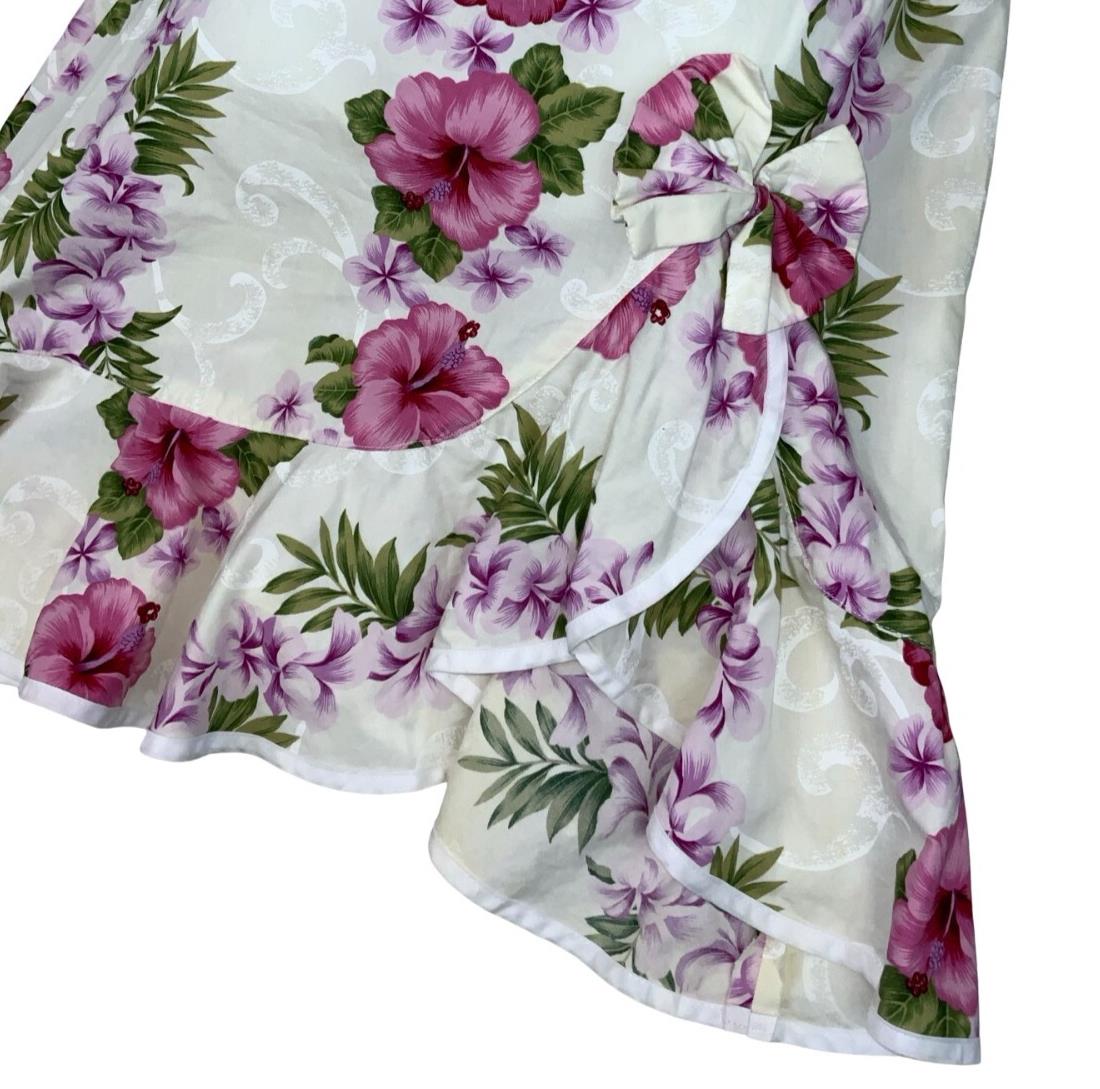 VTG 'HO ALOHA' HAWAIIAN WHITE PINK FLORAL FRILL BOW SLEEVELESS SUMMER DRESS M 12