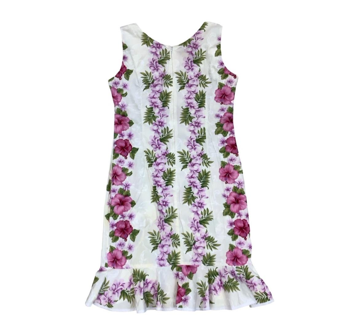 VTG 'HO ALOHA' HAWAIIAN WHITE PINK FLORAL FRILL BOW SLEEVELESS SUMMER DRESS M 12