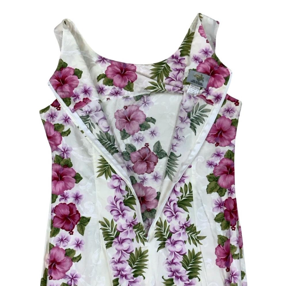 VTG 'HO ALOHA' HAWAIIAN WHITE PINK FLORAL FRILL BOW SLEEVELESS SUMMER DRESS M 12