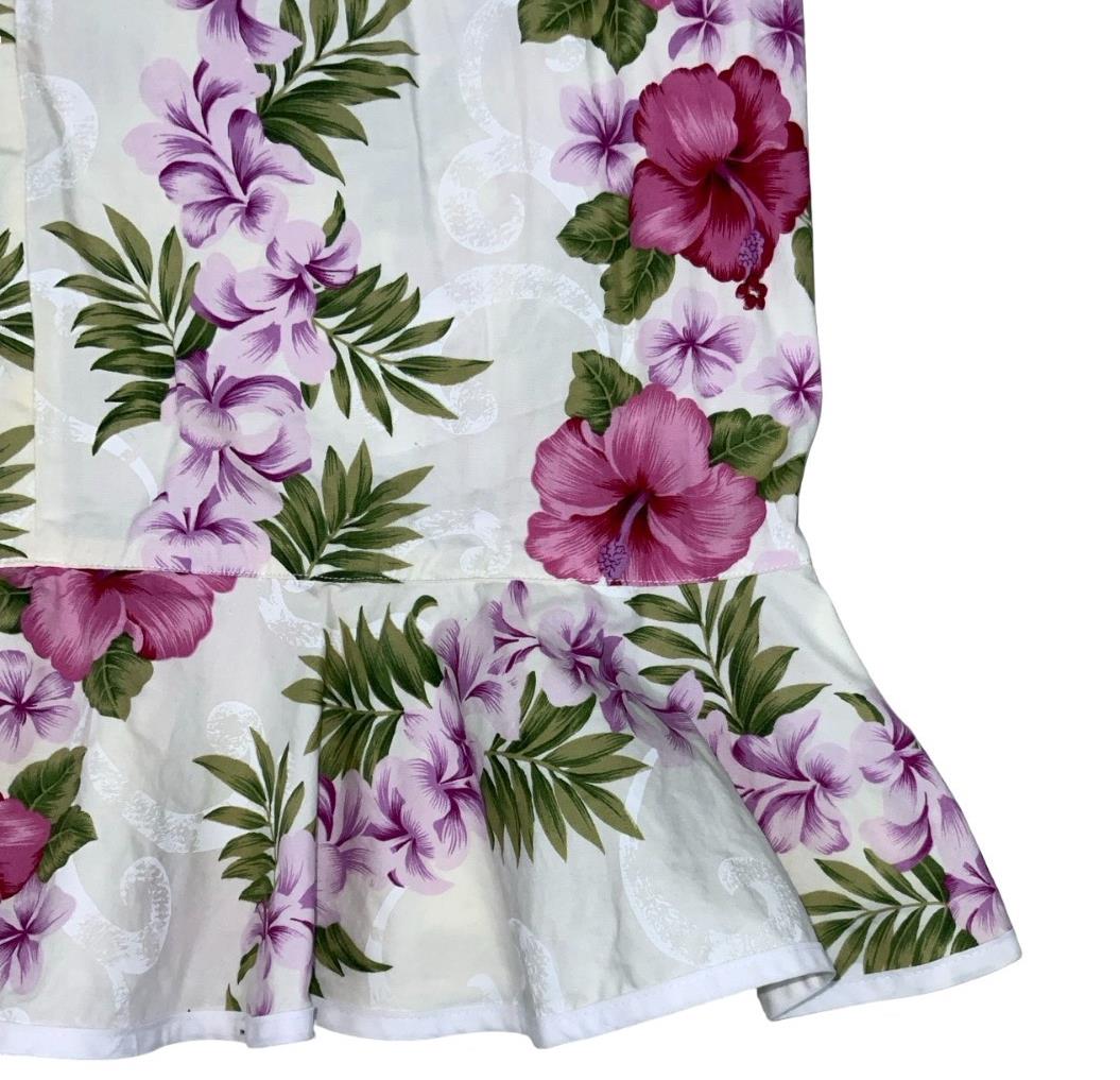 VTG 'HO ALOHA' HAWAIIAN WHITE PINK FLORAL FRILL BOW SLEEVELESS SUMMER DRESS M 12