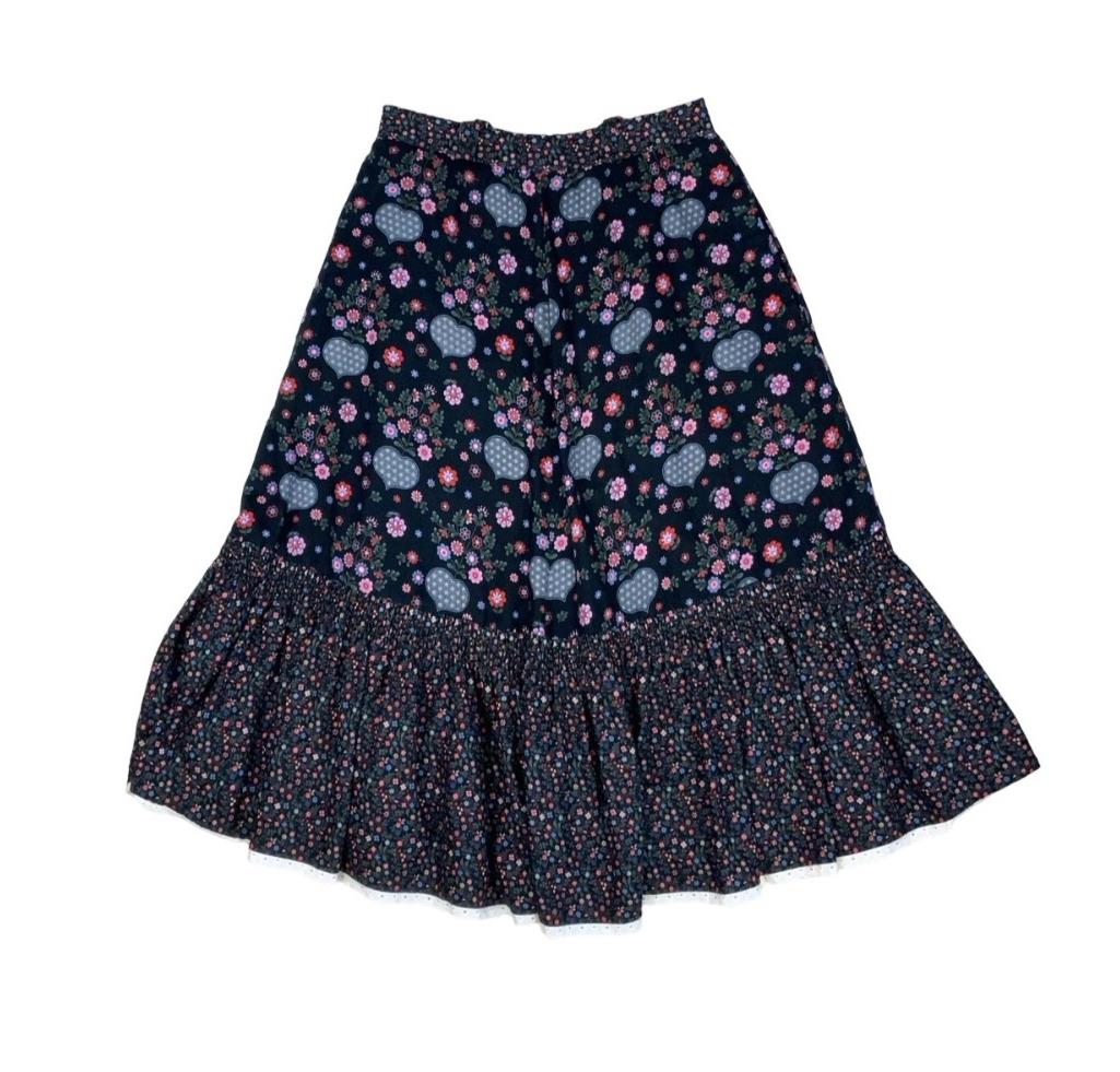 VTG 90s 'YESSICA' by C&A FLORAL BLUE PINK TIERED PRAIRIE FOLK MIDI SKIRT S 8 10