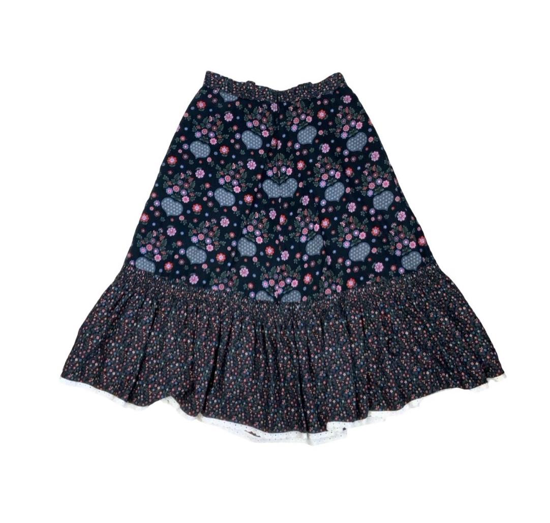VTG 90s 'YESSICA' by C&A FLORAL BLUE PINK TIERED PRAIRIE FOLK MIDI SKIRT S 8 10