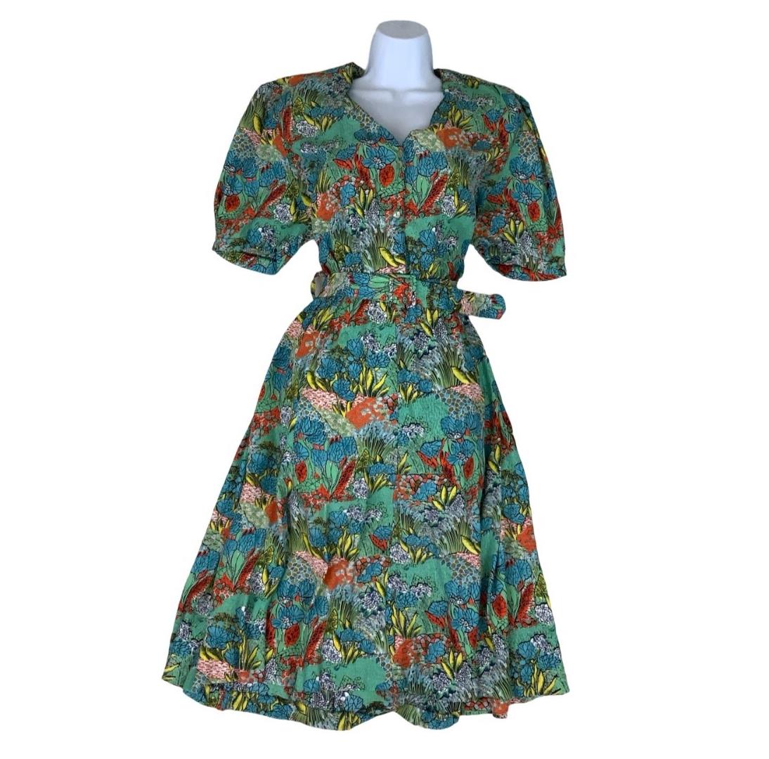 VTG 80s 90s GREEN RED YELLOW BOTANICAL PRINT SHORT SLEEVED V-NECK A-LINE DRESS S